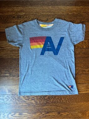 Aviator Nation Kids Gray Crewneck Tee with Retro Stripe AV Logo - Size 10